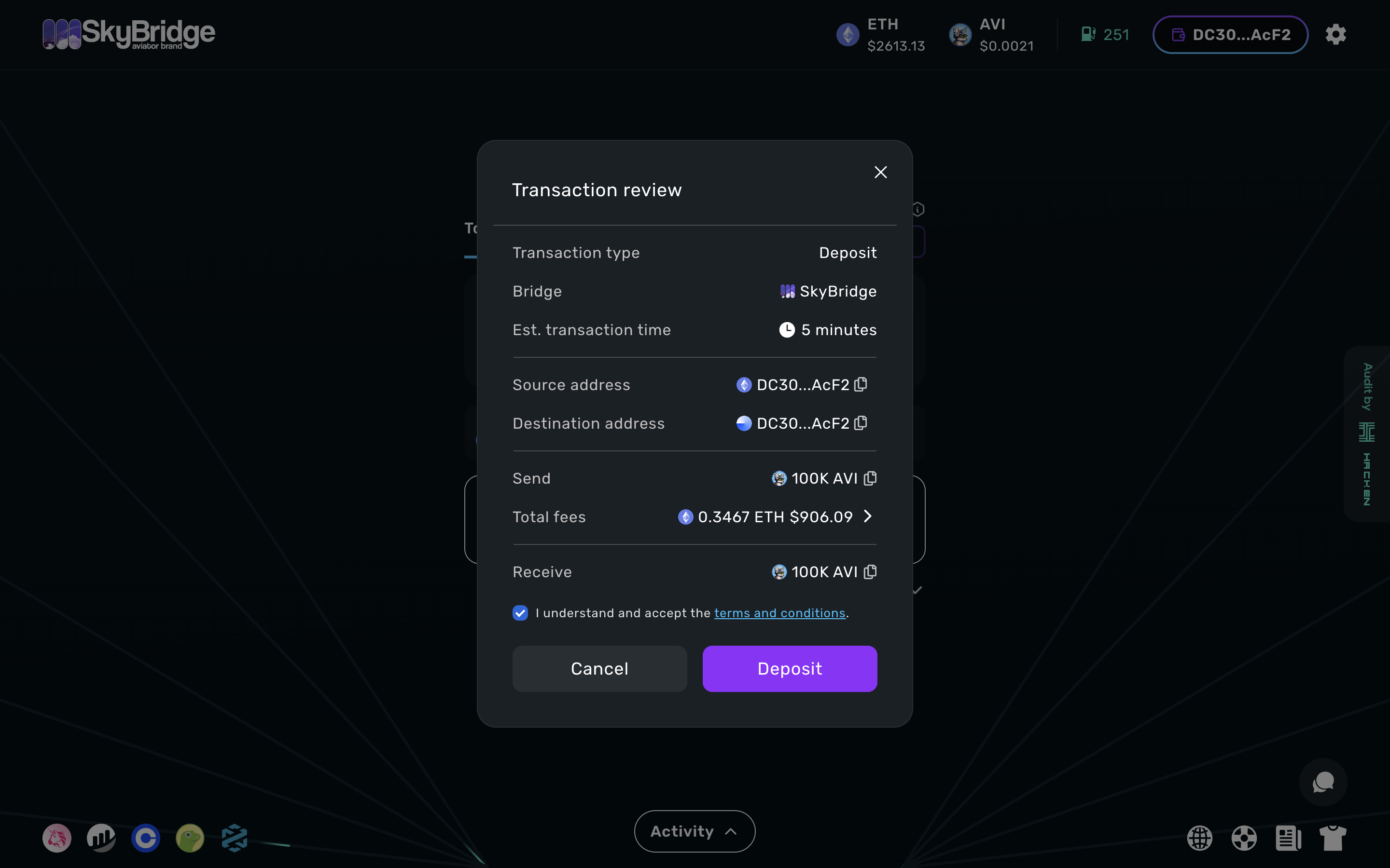 Bridge confirmation and wallet approval